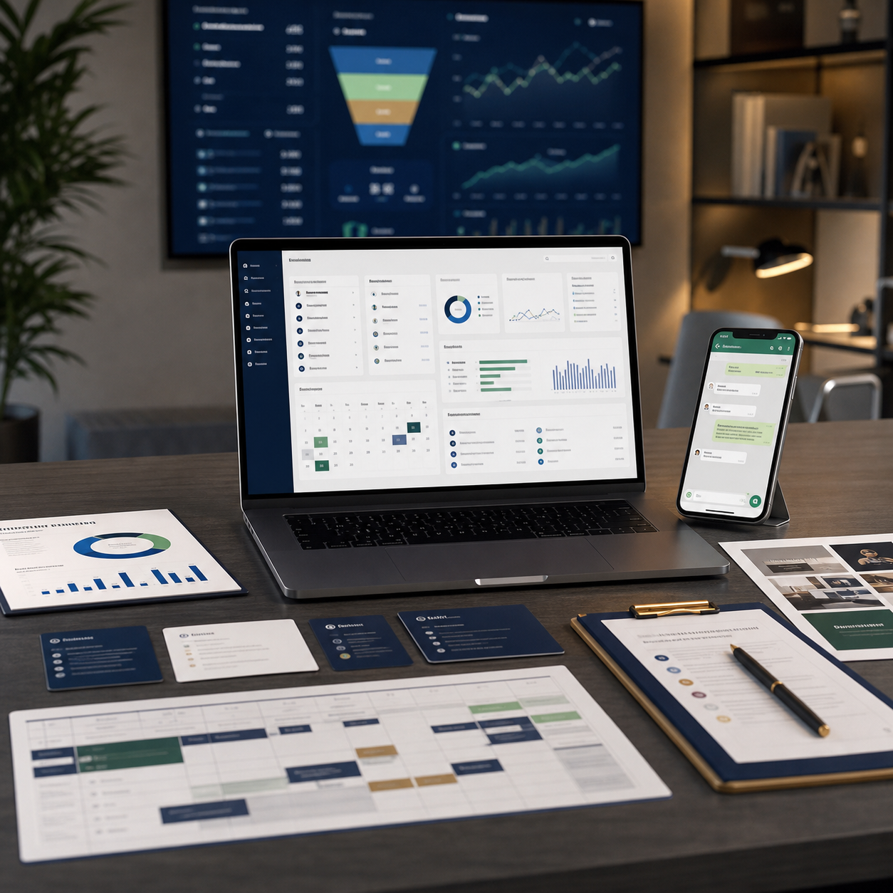 Mesa de operação de campanhas com dashboard de segmentação, analytics e mensagens de WhatsApp